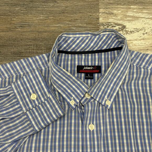 Johnnie-O Prep-Formance Blue Plaid Mens Large Bamboo Nylon Button‎ Down Shirt - Picture 1 of 9